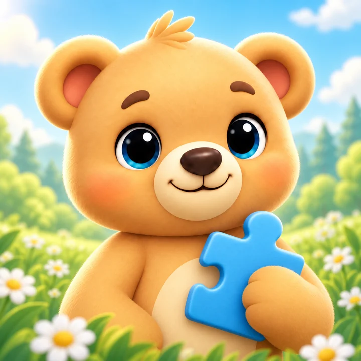Little World’s friendly honey-colored bear holding a blue puzzle piece