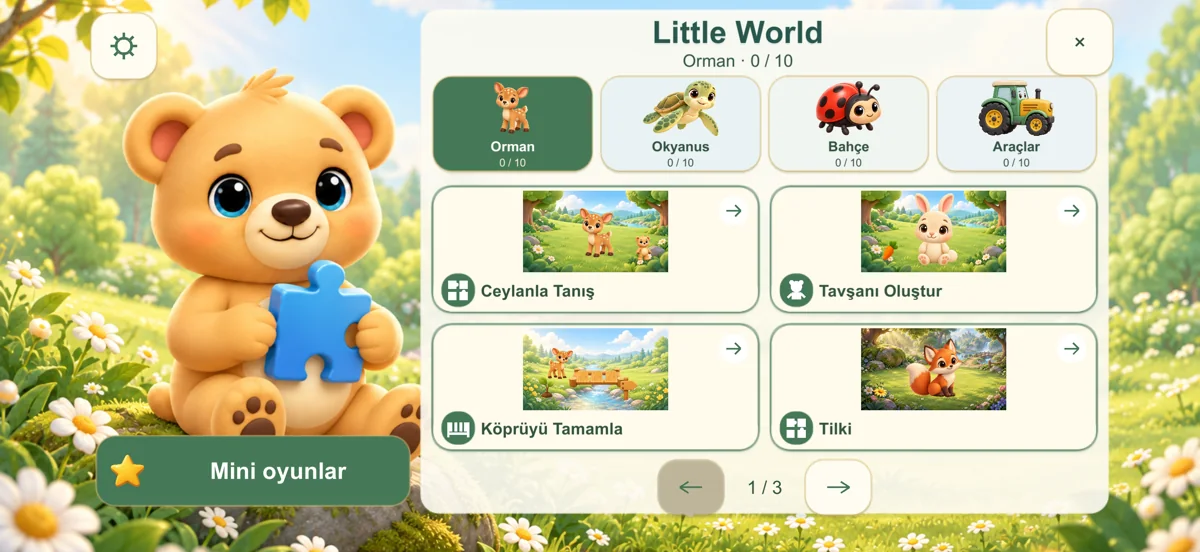 Little World ana ekranı ve dünya seçimi